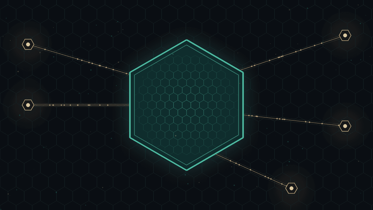Dark CryptoDecentral hex mesh — a calm teal hexagonal enclosure at the centre with several thin bronze bridges reaching out from its walls to distant nodes in the dark; no text.