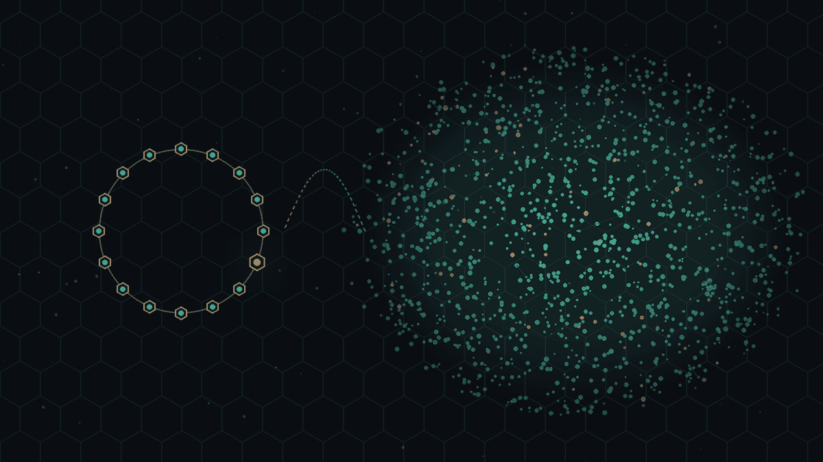 Dark CryptoDecentral hex mesh: on the left a small bronze ring of sixteen hexagonal nodes, one faintly brighter; on the right a vast teal field of points like a pool; a faint arc between them; no text.