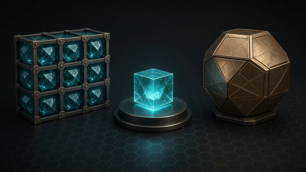 Dark CryptoDecentral hex mesh — caged teal chunk gems, glowing public-address cube on a pedestal, and a bronze geodesic vault capsule; no text.
