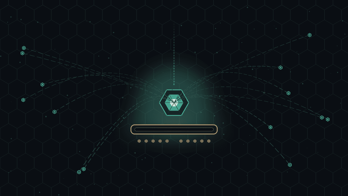 Dark CryptoDecentral hex mesh — a single sealed teal gem settling once into a bronze slot, with faint teal paths flowing outward freely; no text.