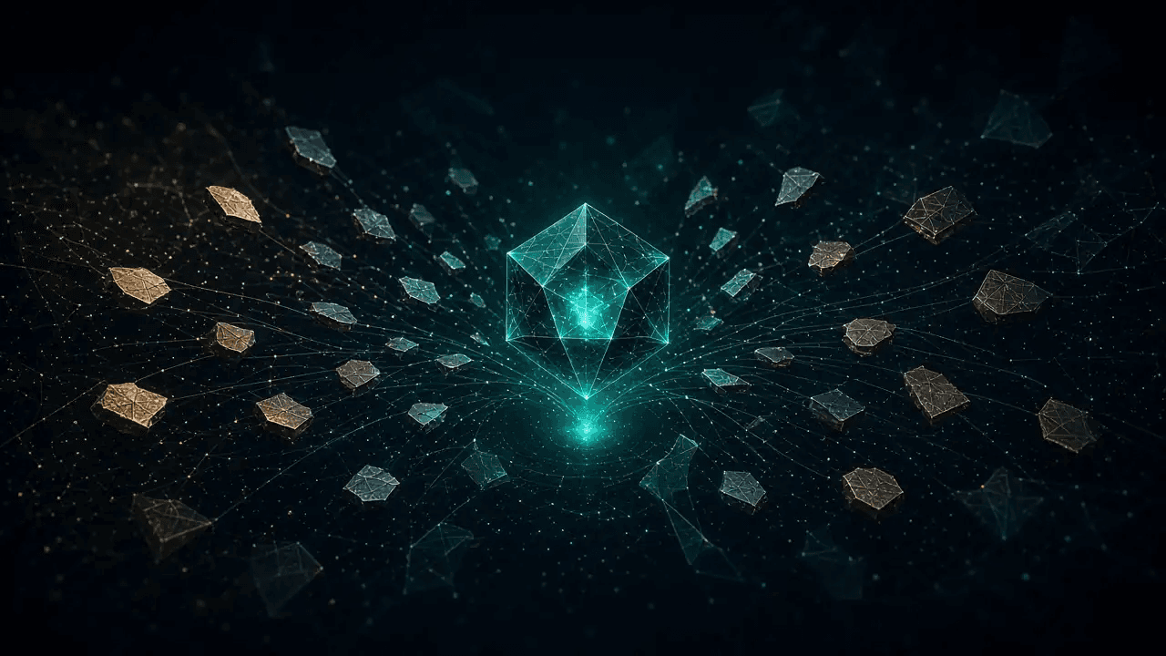 Bronze shards orbiting a teal crystalline core on a dark network field — data map vs scattered ciphertext.