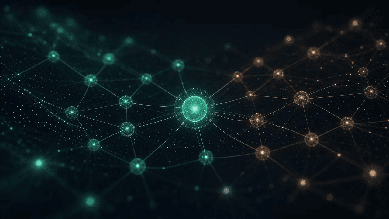 A glowing local mesh of teal and bronze nodes on a dark field, suggesting on-device and peer inference.