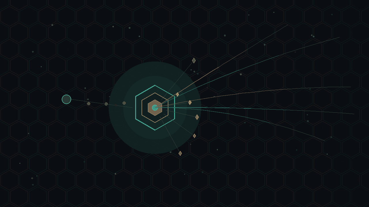 Dark CryptoDecentral hex mesh — teal static offer beacon minting bronze one-shot payment pulses along inbound arcs; no text.