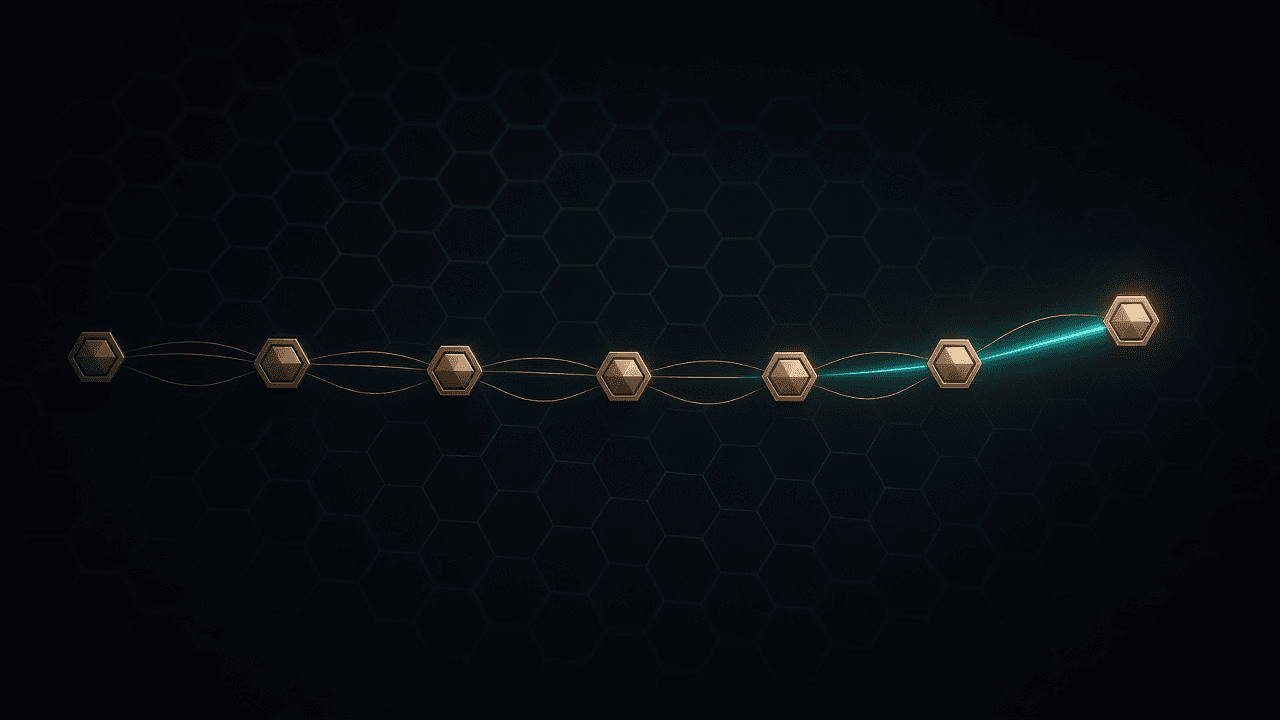 Dark CryptoDecentral hex mesh — a single small teal key-shard travelling backward along a chain of bronze nodes, each node glowing faintly as it passes; no text.