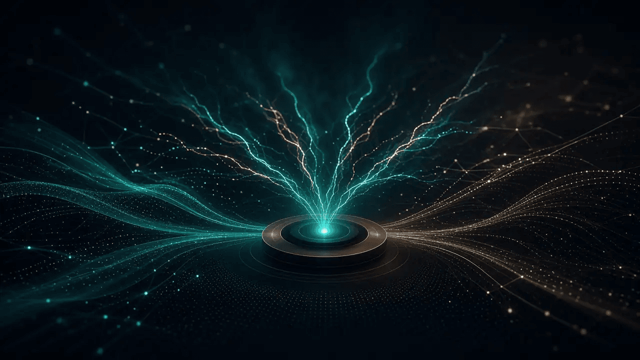 Inbound teal and bronze energy arcs converging into a calm receiving hub on dark hex mesh.
