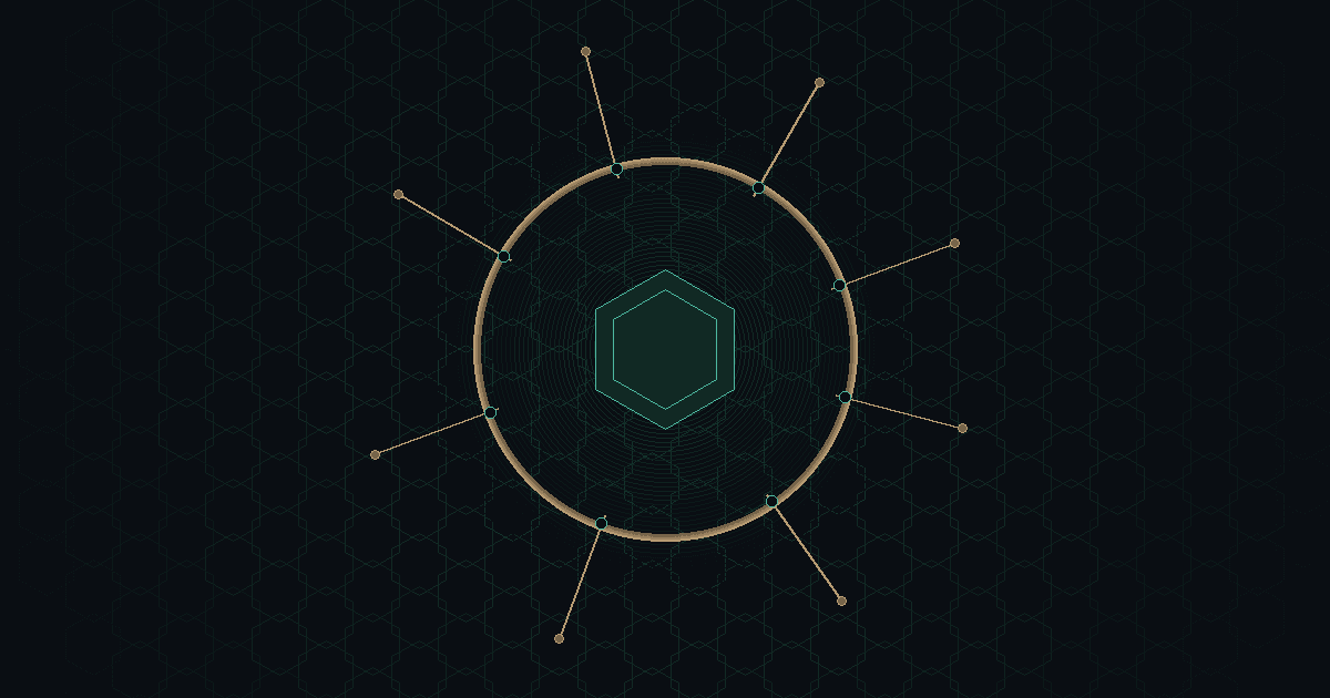 Dark CryptoDecentral hex mesh — glowing teal core ringed by a bronze boundary, with thin bronze rays crossing outward beyond the ring; no text.