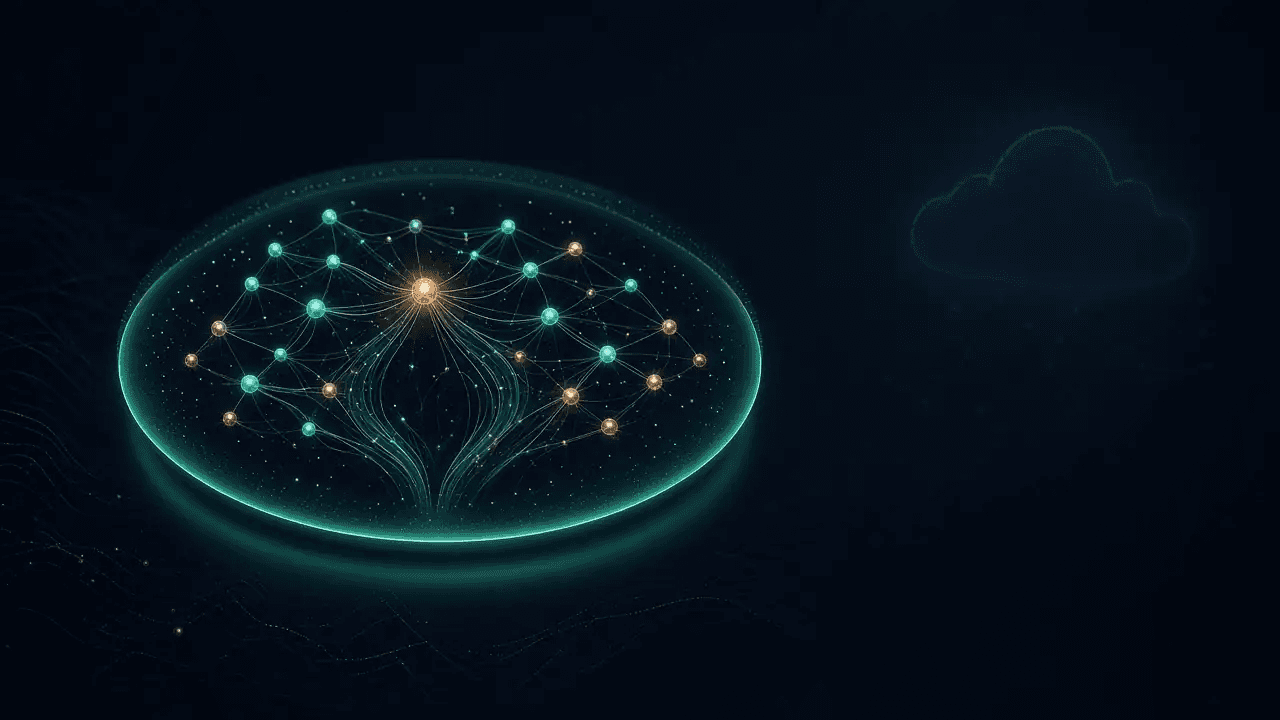 Local glowing vector mesh inside a teal boundary, with a faint unused cloud outline beyond.