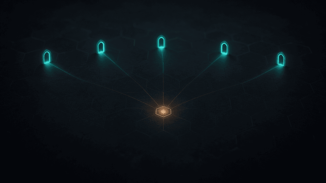 Dark CryptoDecentral hex mesh — several separate teal doorways on the surface of the mesh, each with its own faint path, all quietly rooted below the surface to a single bronze core; no text.