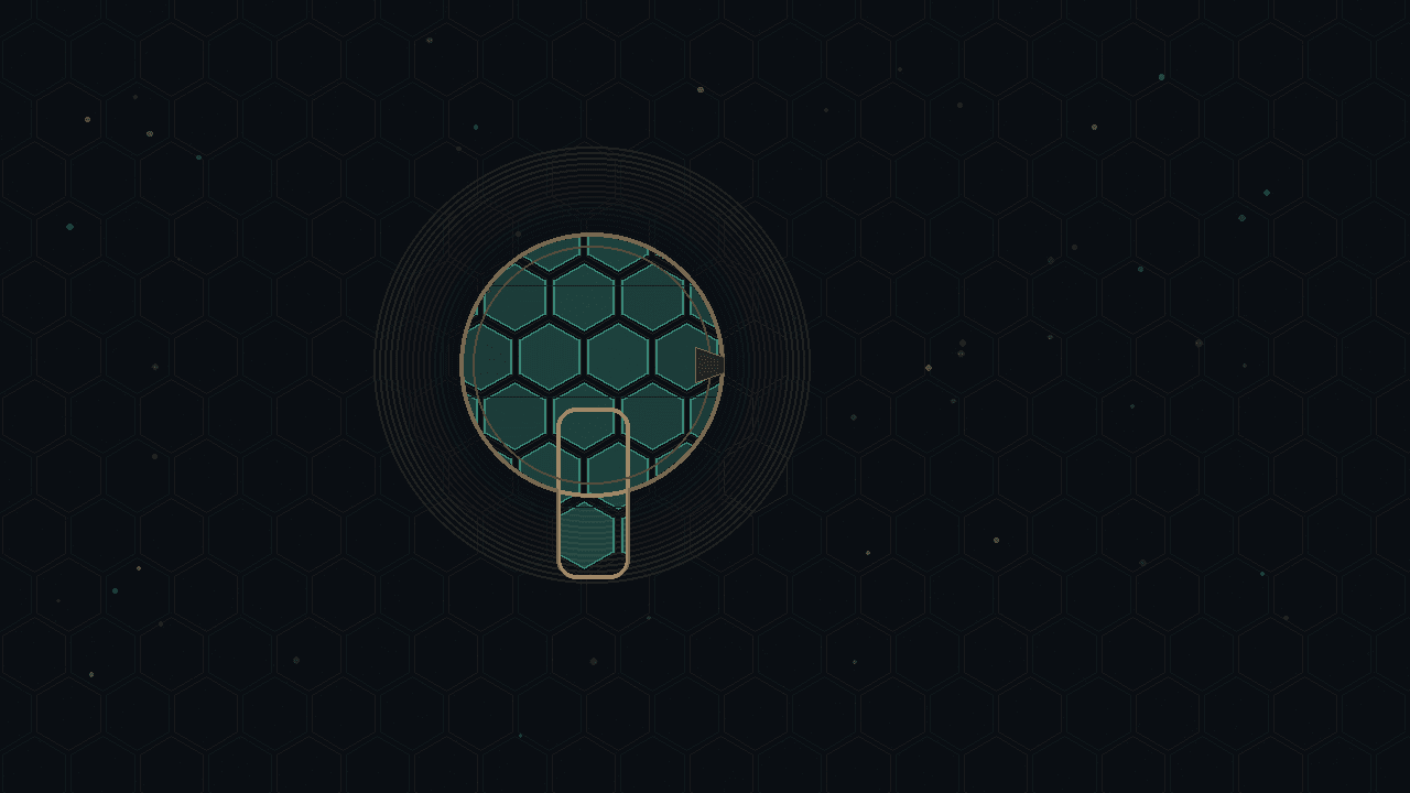 Dark CryptoDecentral hex mesh — translucent bronze keyhole aperture revealing a thin teal lattice band; rest of mesh stays opaque; no text.