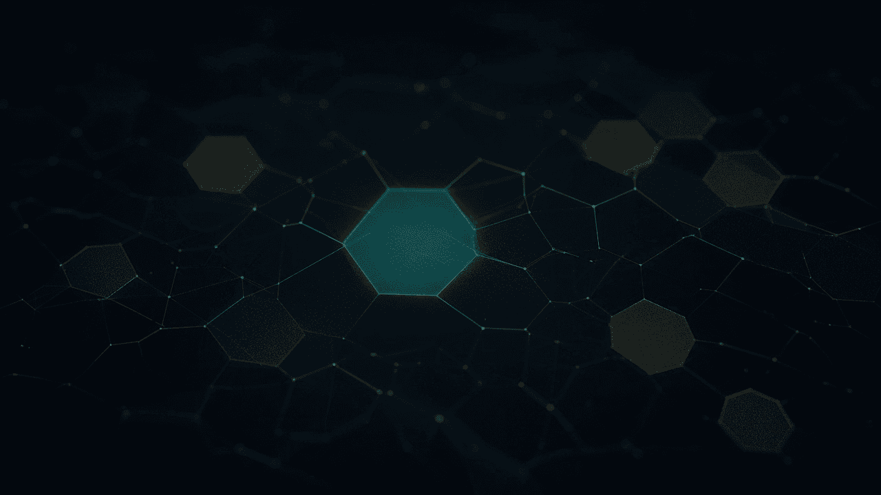 Dark CryptoDecentral hex mesh — one teal cell near the centre is fading toward transparency while faint bronze echoes of it persist in scattered distant cells across the mesh; no text.