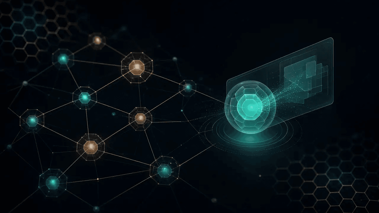 Relay-like nodes connected by pipes with a soft translucent info pane, no readable text.