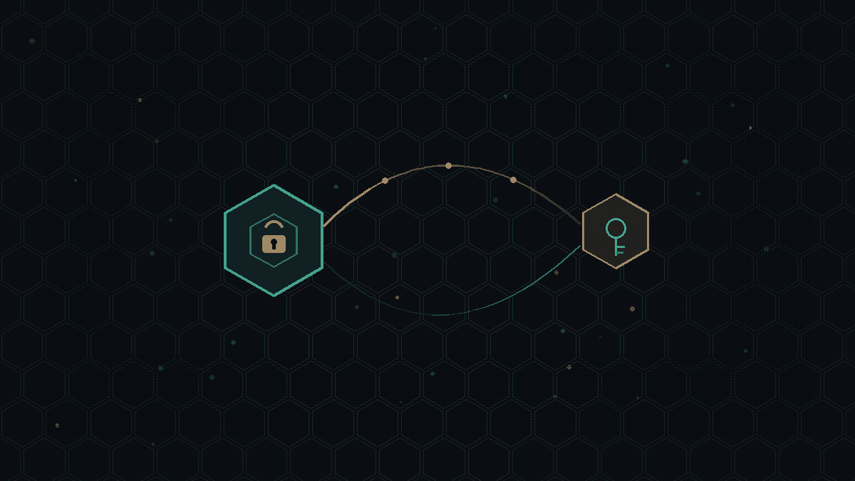 Abstract CryptoDecentral hex mesh — dark field with a teal locked gate node and a bronze challenge arc reaching a signed key glyph; no readable text.
