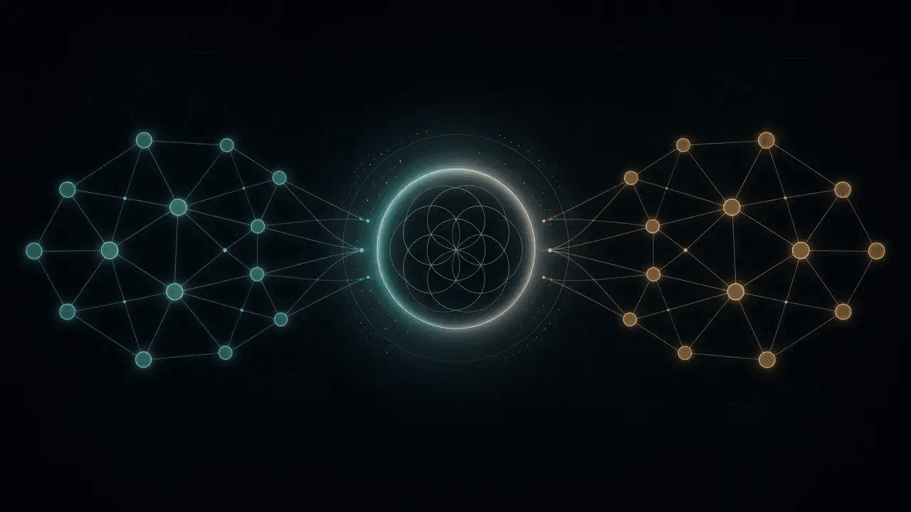Abstract outbox and inbox relay nodes on a dark CryptoDecentral hex mesh, teal write paths and bronze read paths, no readable text.