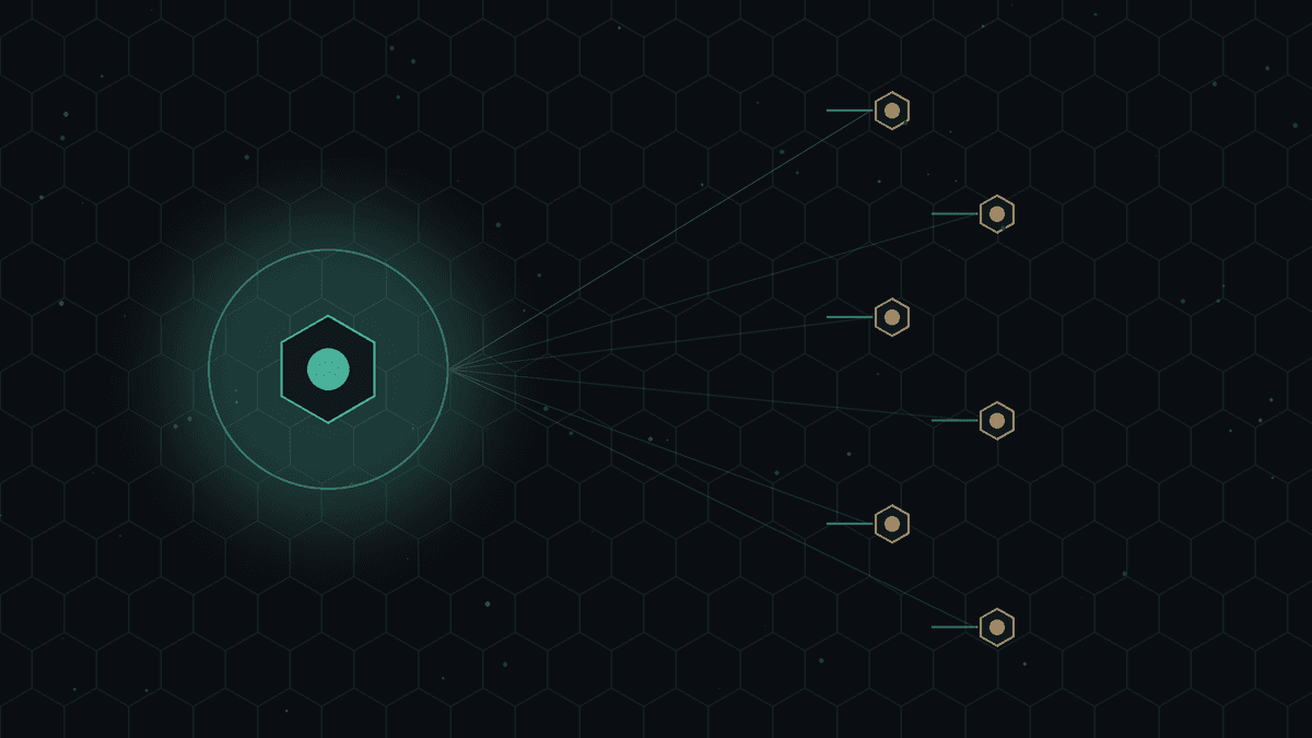 Dark CryptoDecentral hex mesh — one glowing teal key cell held inside a ring on the left, with thin bronze request lines reaching it from several small client cells on the right; the key never leaves its ring; no text.