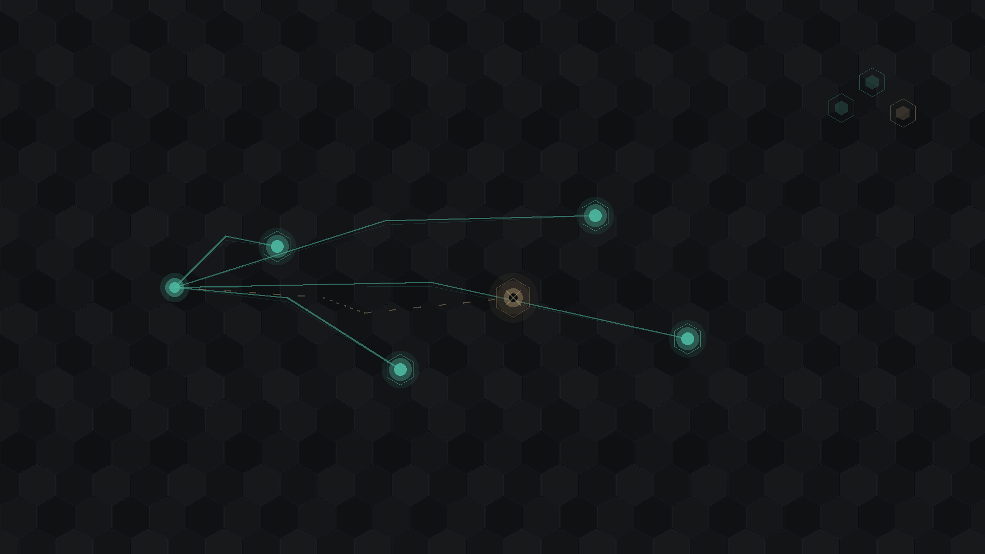 Abstract CryptoDecentral hex mesh with a faded bronze outbox node going dark and a teal discovery path still pointing at it — no readable text.