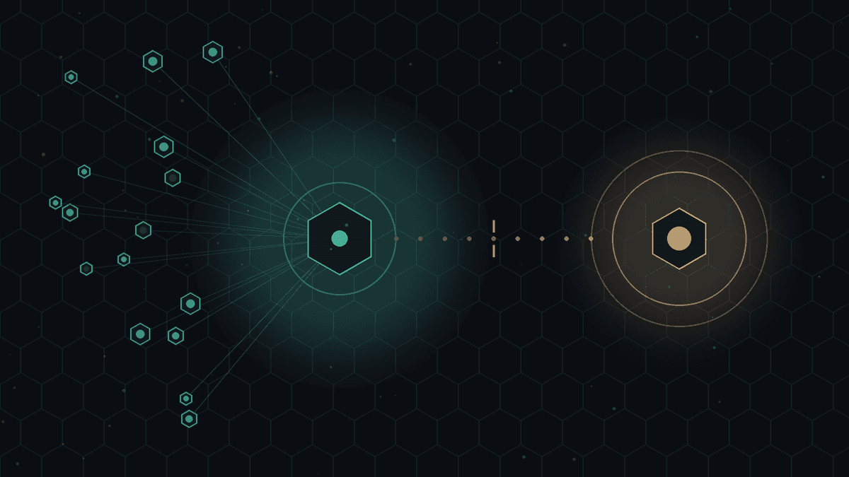 Dark CryptoDecentral hex mesh — on the left, many teal cells flowing inward along thin lines into a calm open reading cell; on the right, a single sealed bronze cell inside its own ring, with one thin gated line between the two; no text.