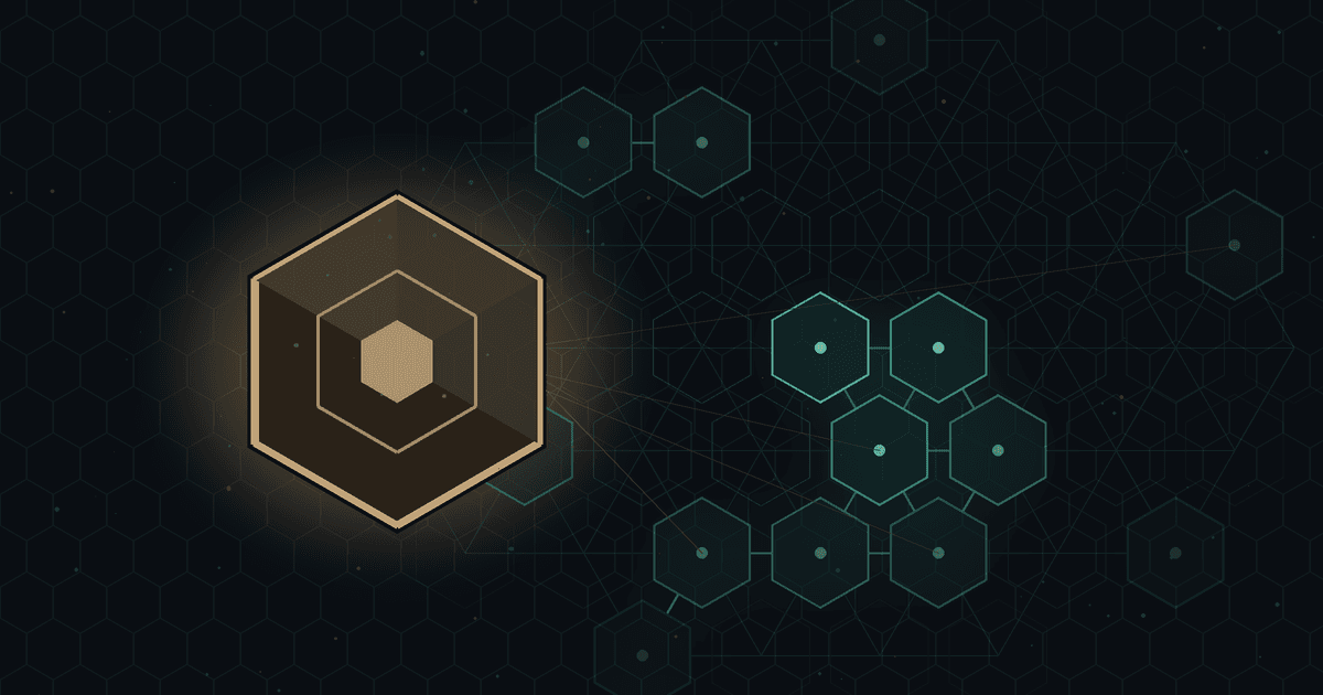 Dark CryptoDecentral hex mesh — one sealed bronze hex block in the foreground glowing softly, with a faint teal lattice of open, traceable hex cells extending behind it into the dark; no text.