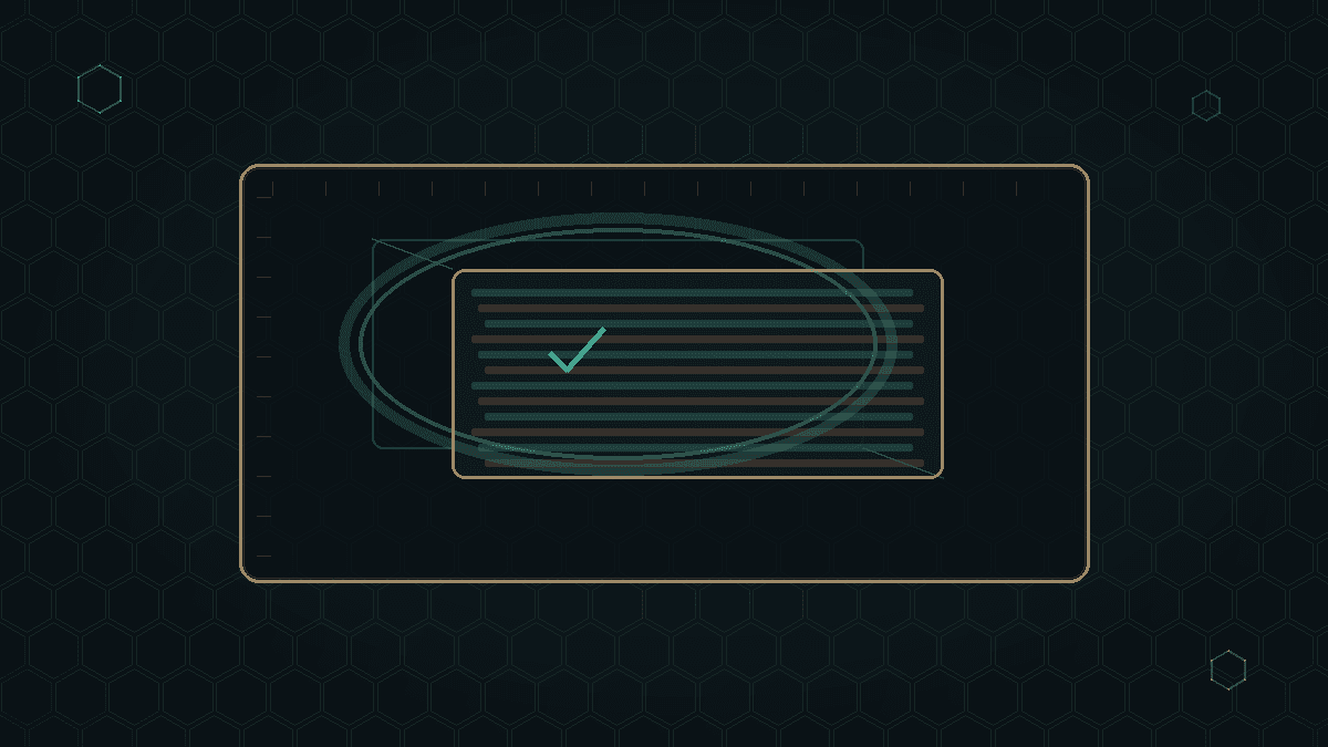 Teal verification glow correcting a misaligned bronze weight capsule nested inside a larger dark container on a CryptoDecentral hex mesh.