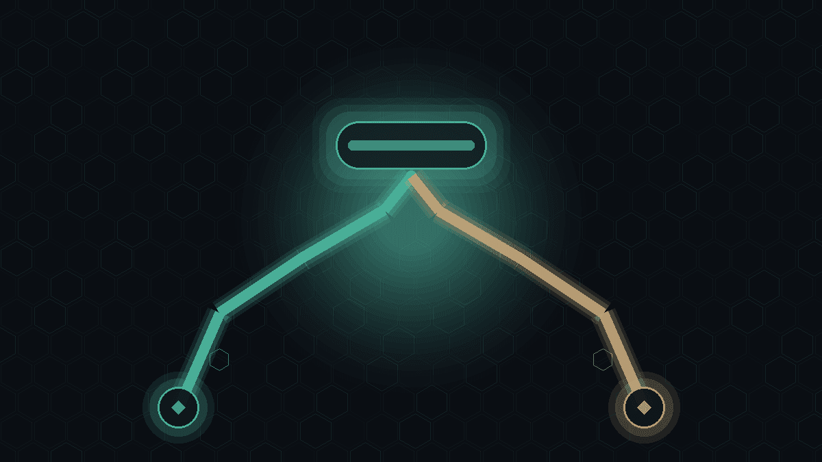 Dark CryptoDecentral hex mesh — one glowing teal model-tag capsule splitting into divergent teal and bronze runner paths ending in kernel nodes; no text.
