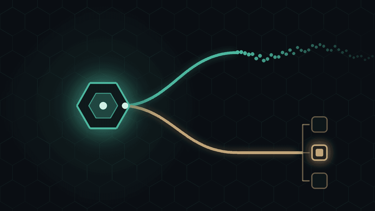 Dark CryptoDecentral hex mesh — one hexagonal local-runner core forks into a flowing teal stream of small particles and a bronze path that ends in a row of discrete slots with one lit; no text.