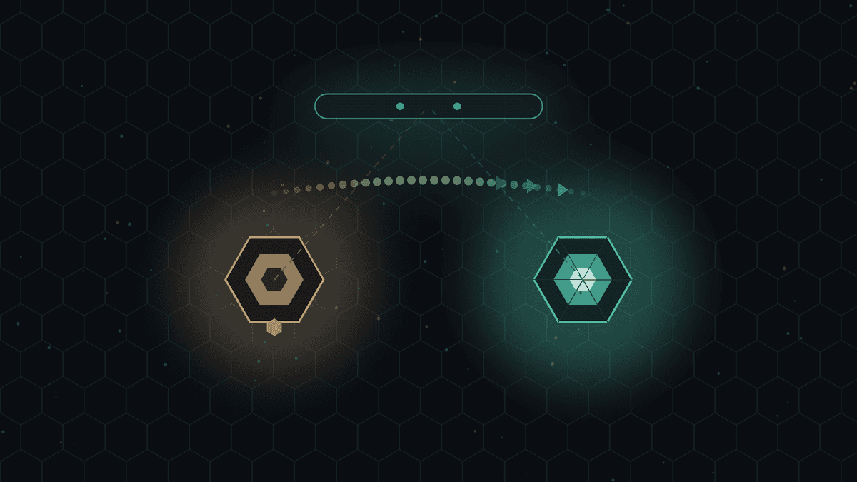 Dark CryptoDecentral hex mesh — one sealed model capsule quietly duplicates into a second capsule while a soft upgrade arrow passes under the shared tag glow; no text.