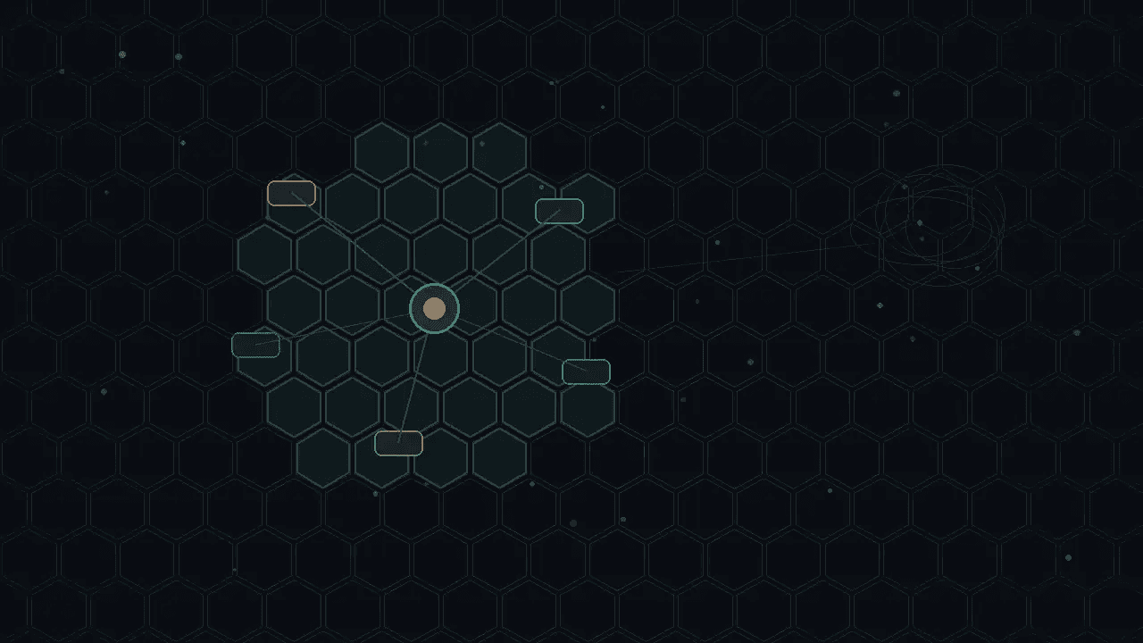 Teal and bronze plugin capsules linked to a glowing local core on a dark hex mesh, with a faint unused cloud outline beyond.