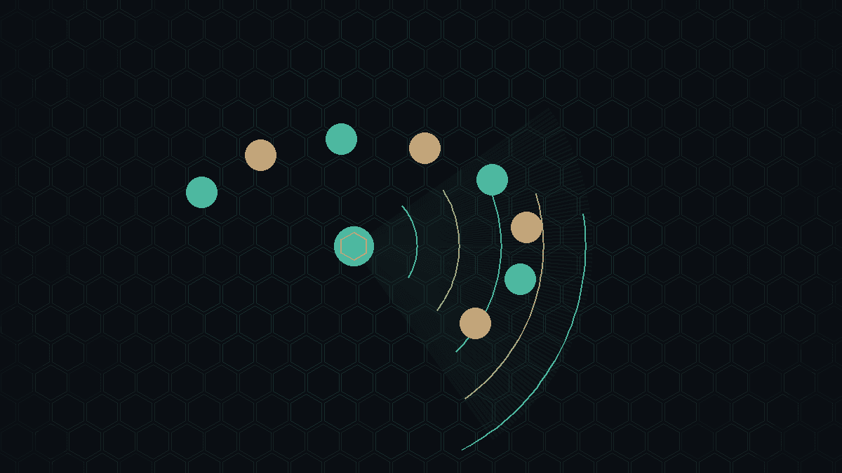 Dark CryptoDecentral hex mesh with eight quiet teal and bronze status beacons on a faint radar sweep — no text, charts, or UI.
