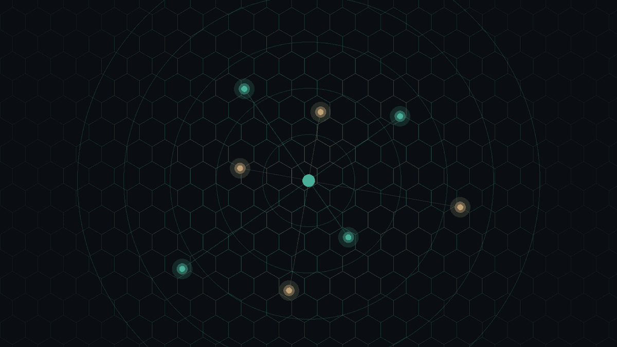 Dark CryptoDecentral hex mesh with eight quiet teal and bronze status beacons on a faint radar sweep — no text, charts, or UI.