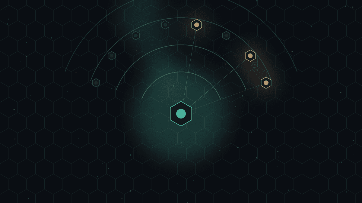 Dark CryptoDecentral hex mesh with eight quiet teal and bronze status beacons on a faint radar sweep — no text, charts, or UI.