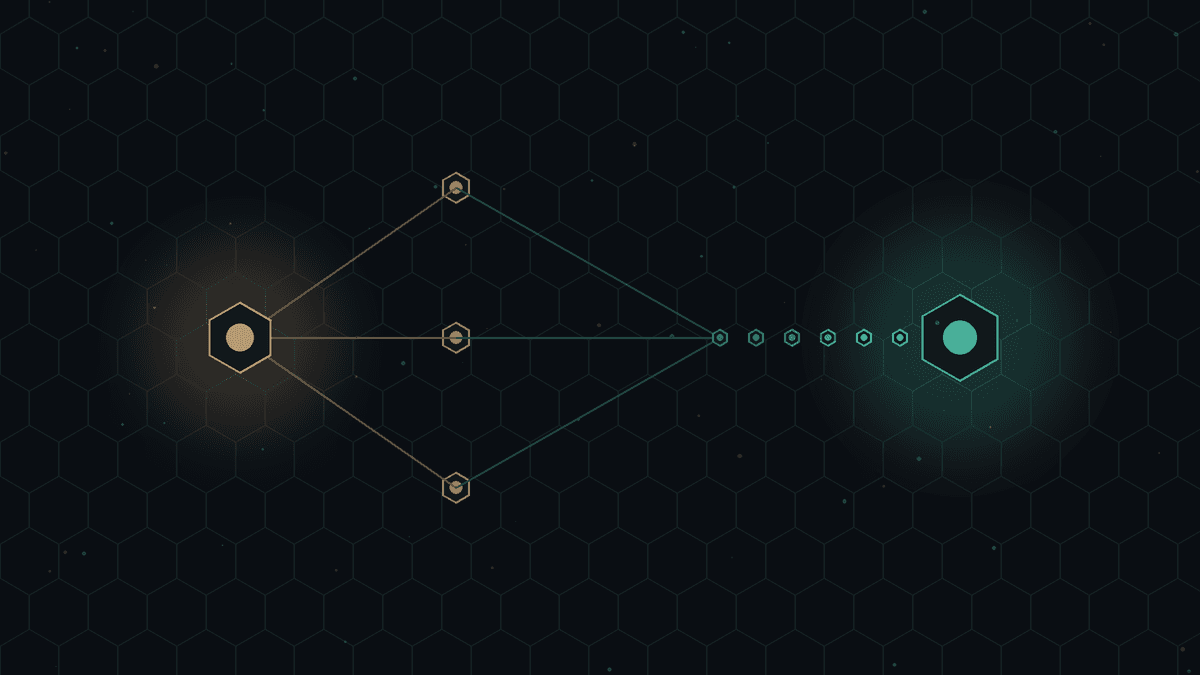 Dark CryptoDecentral hex mesh — a bronze source cell on the left fans out to three small bronze backup cells, whose lines converge into a path of teal steps ending in a larger restored teal cell on the right; no text.