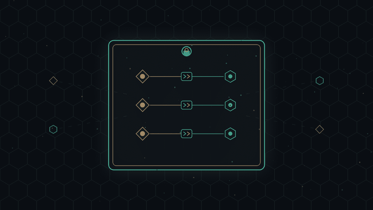 Sealed geometric blueprint on dark CryptoDecentral hex mesh — teal keyforms linked by bronze script paths to address-shaped nodes; no readable text or wallet UI.
