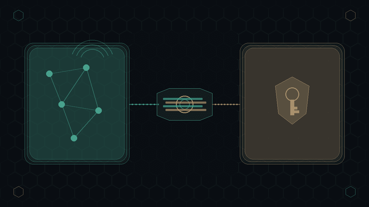 Two separated zones on a dark CryptoDecentral hex mesh — teal online builder and bronze offline signer — linked by a sealed geometric capsule, no readable text.