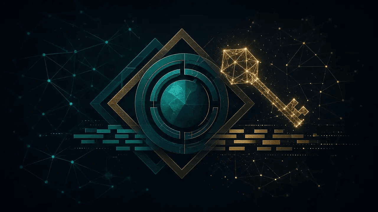 Geometric teal seal and bronze wireframe key on dark hex mesh — verification, not a wallet screenshot.