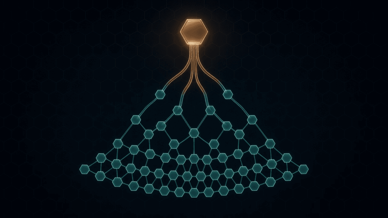 Dark CryptoDecentral hex mesh — a single bronze hexagon at the top branches downward into a widening tree of teal cells, every branch faintly lit as if seen through glass; no text.