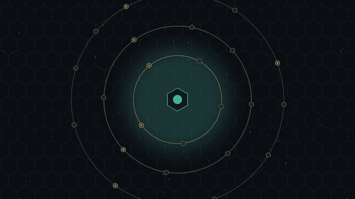 Dark CryptoDecentral hex mesh — a single calm teal hexagon at the centre surrounded by a few bronze rings of varying distance, some cells faintly lit and others dark; no text.