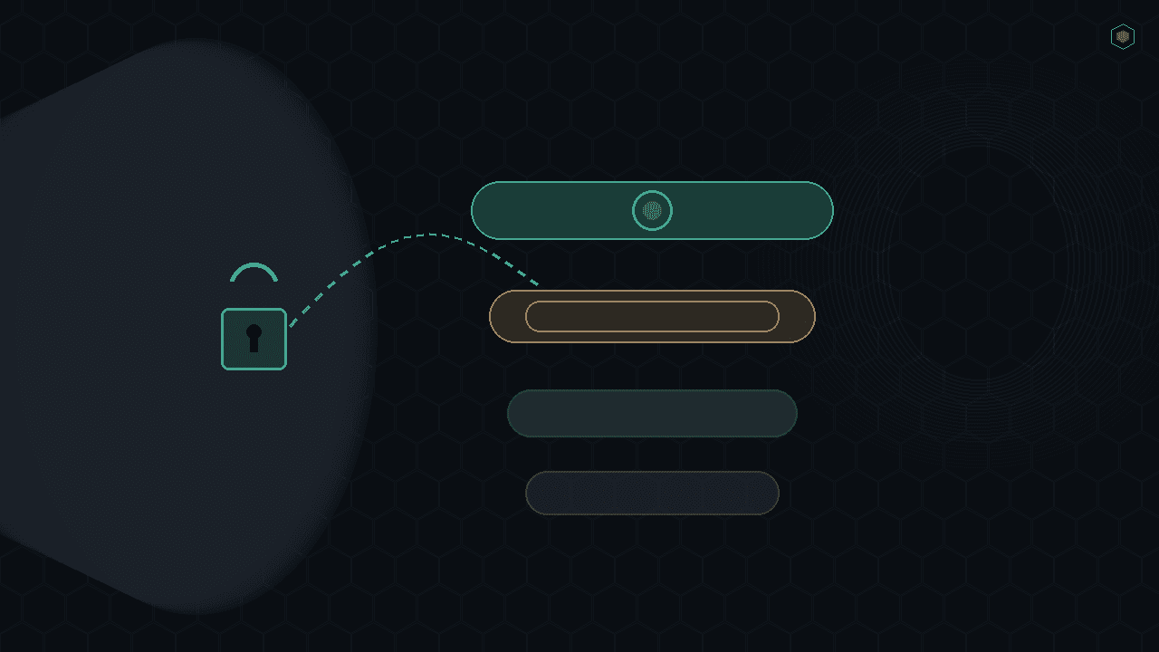 Dark CryptoDecentral hex mesh — teal client lock, ciphertext tunnel, stacked privacy capsules with bronze enclave and sealed teal top layer; no text.